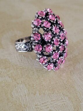 VTG Pink Rhinestone Cocktail Ring Adjustable Ornate Band Mid Century Statement